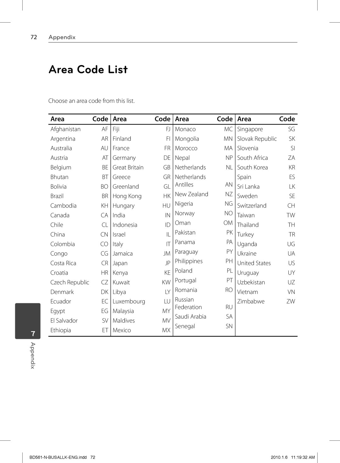 LG Electronics BD550 owner manual Area Code List, Choose an area code from this list 