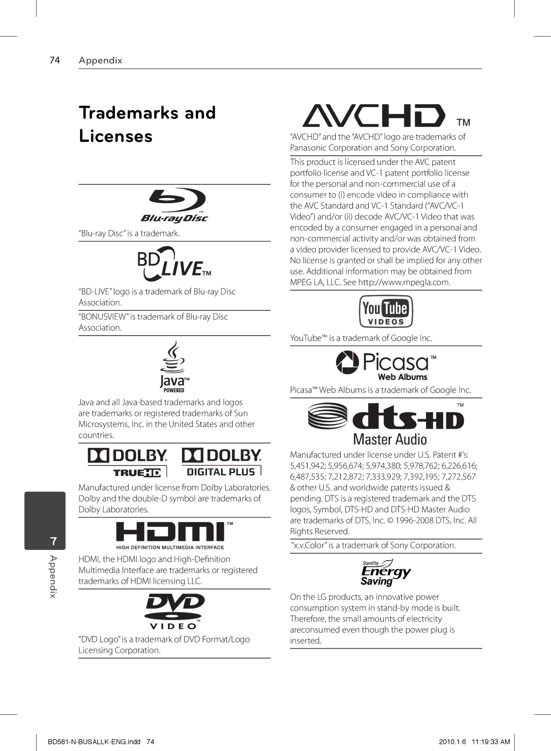 LG Electronics BD550 owner manual Trademarks Licenses 