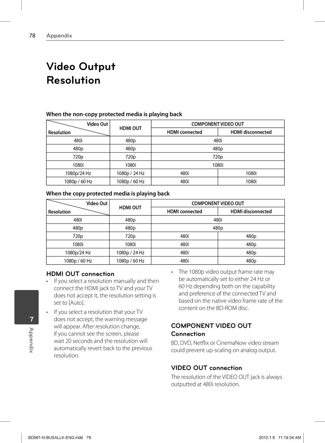 LG Electronics BD550 owner manual Video Output Resolution, Hdmi OUT connection, Connection, Video OUT connection 