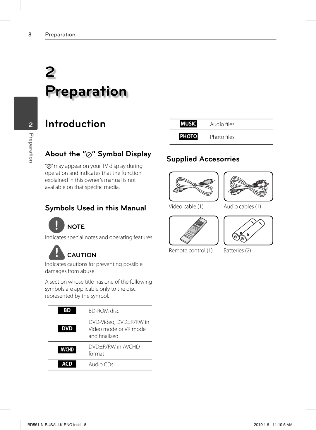 LG Electronics BD550 owner manual Introduction, Supplied Accesorries Symbols Used in this Manual 