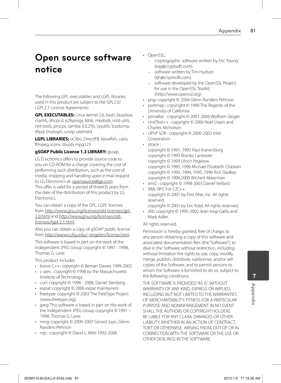 LG Electronics BD550 owner manual Open source software notice, GSOAP Public License 1.3 Library gsoap 