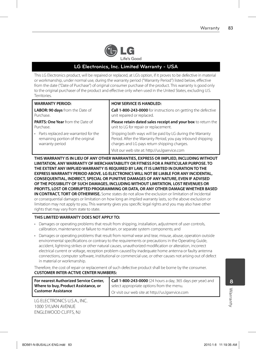 LG Electronics BD550 owner manual LG Electronics, Inc. Limited Warranty USA 