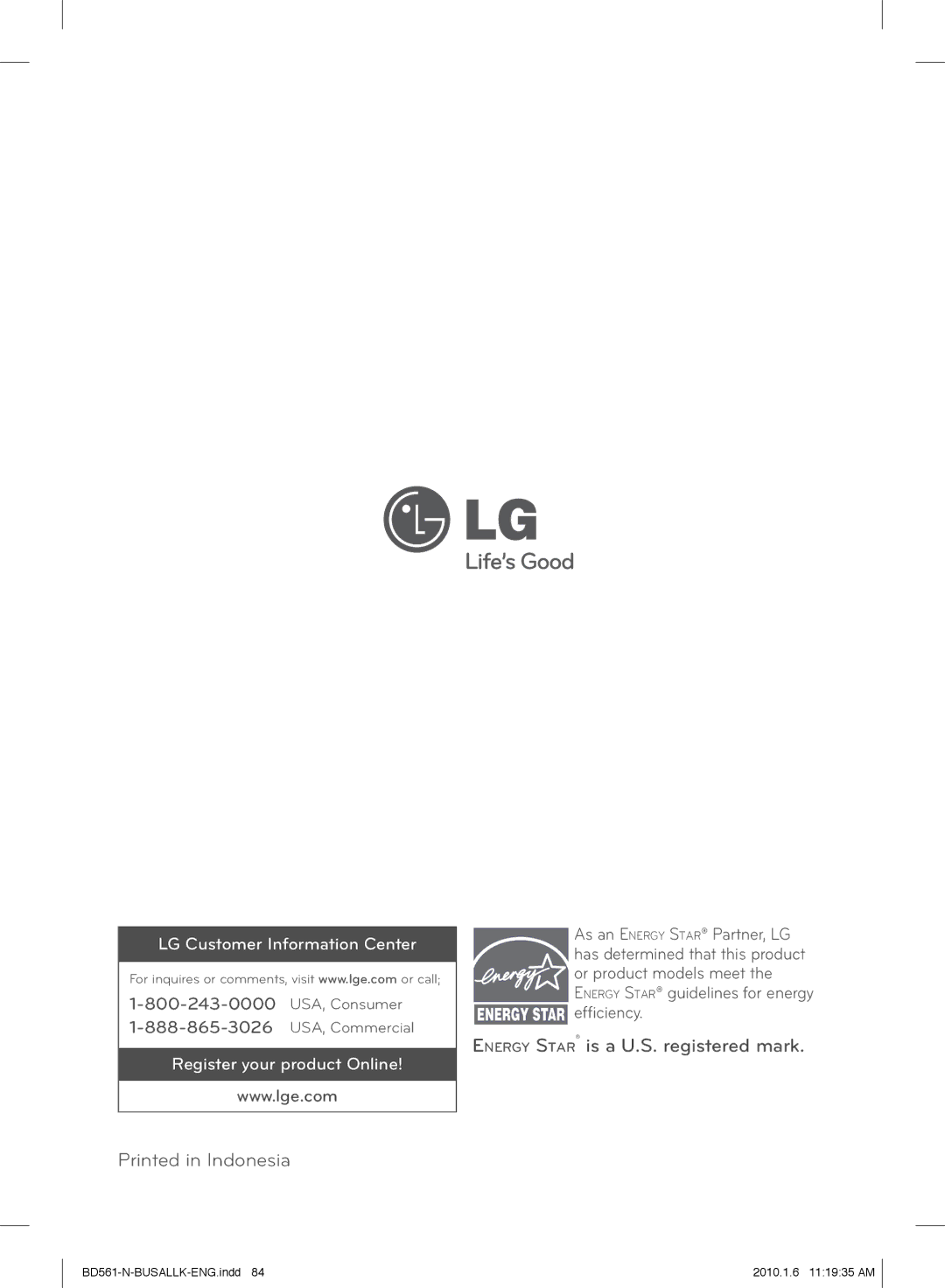 LG Electronics BD550 owner manual Energy Star is a U.S. registered mark 