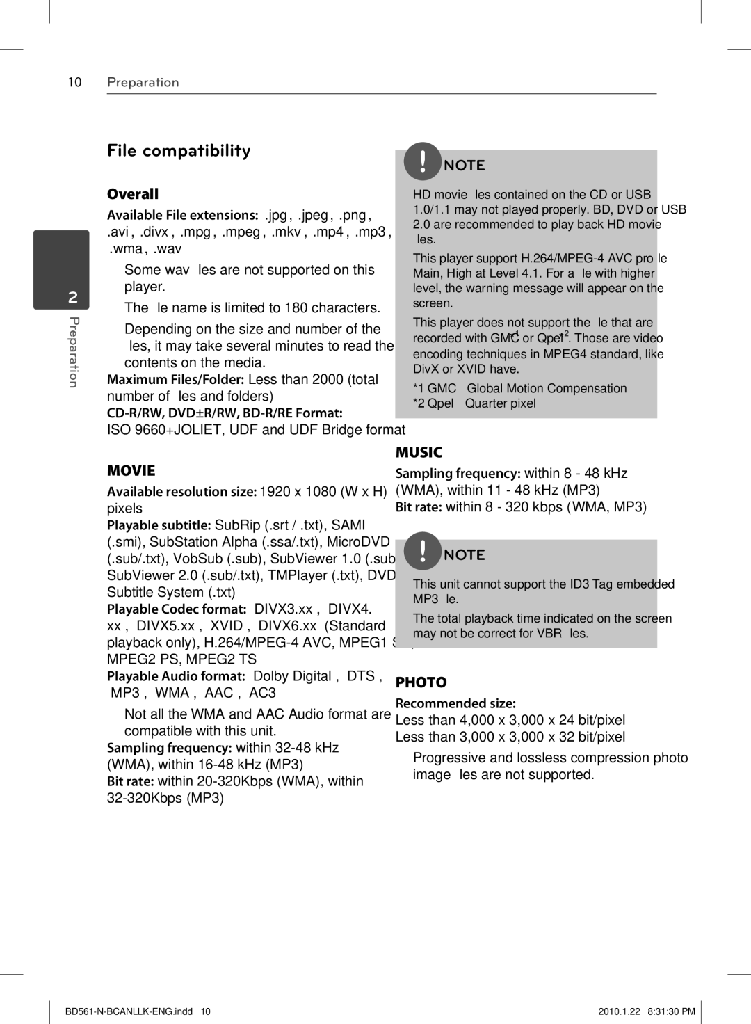 LG Electronics BD560C File compatibility, Overall, Available resolution size 1920 x 1080 W x H pixels, Recommended size 