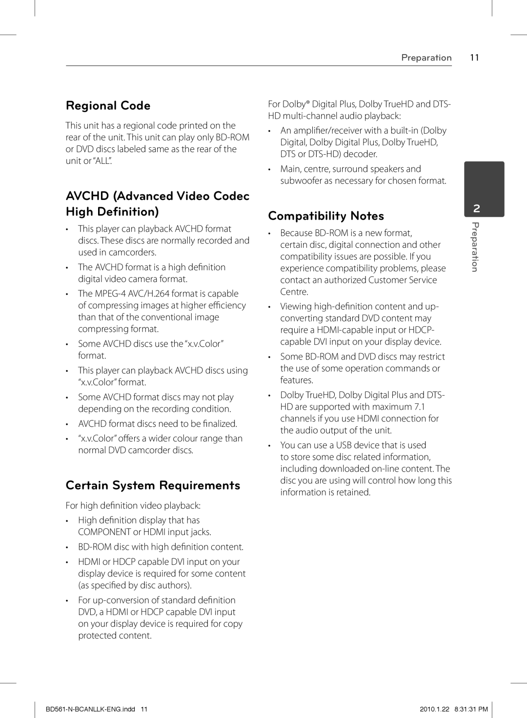 LG Electronics BD560C owner manual Regional Code, Avchd Advanced Video Codec High Deﬁnition, Certain System Requirements 