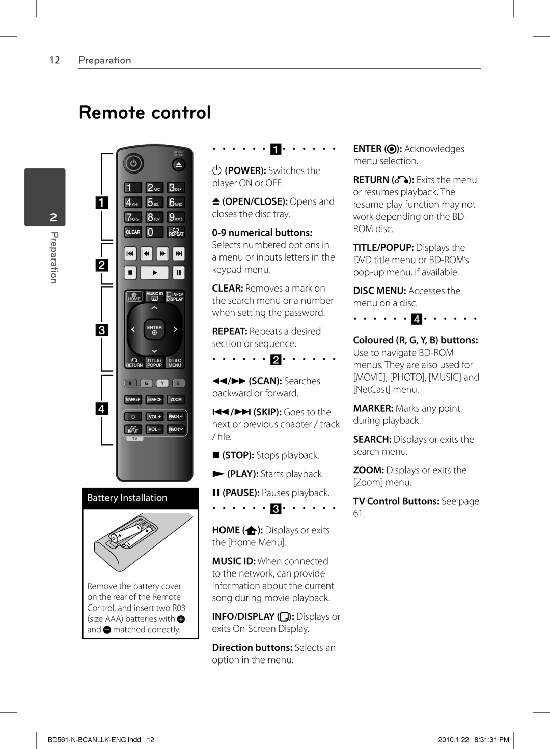 LG Electronics BD560C Remote control, Scan Searches backward or forward, Direction buttons Selects an option in the menu 