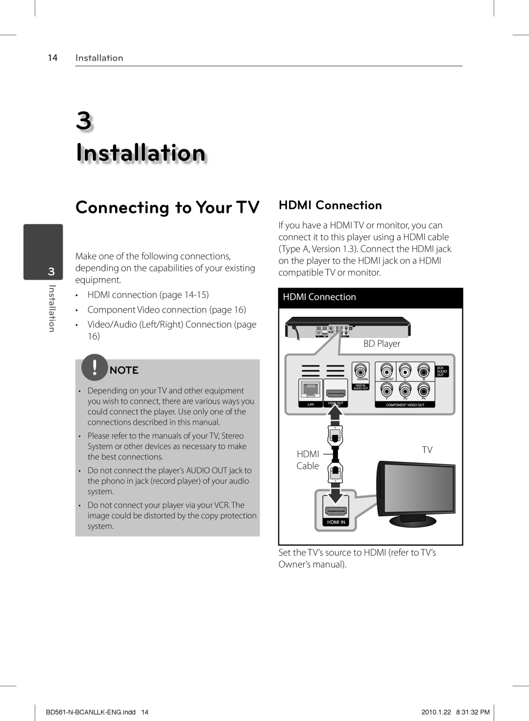 LG Electronics BD560C owner manual Hdmi Connection, Make one of the following connections, Equipment, BD Player, Cable 