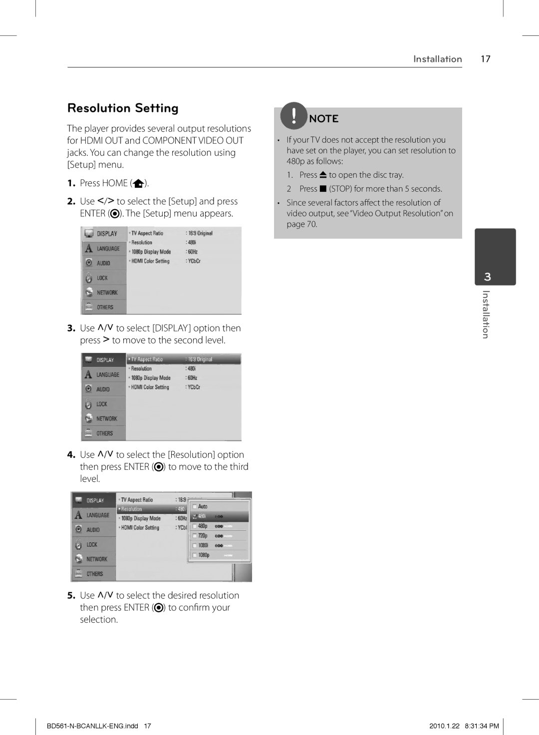 LG Electronics BD560C owner manual Resolution Setting, Press Home 