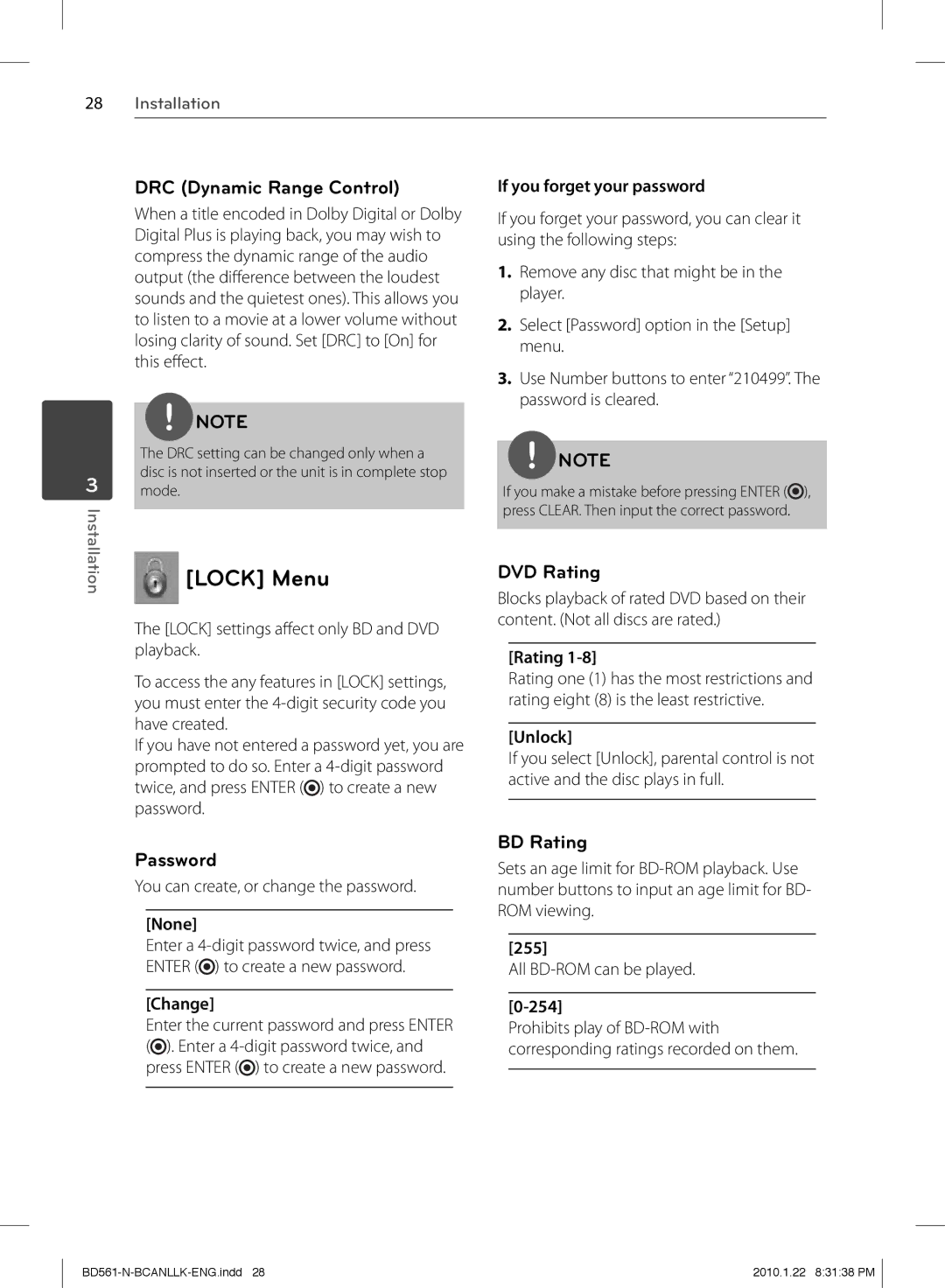 LG Electronics BD560C owner manual Lock Menu, DRC Dynamic Range Control, DVD Rating, Password, BD Rating 