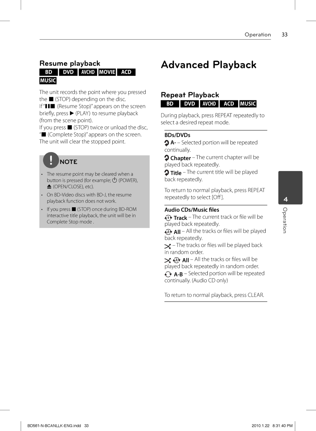 LG Electronics BD560C owner manual Advanced Playback, Resume playback, Repeat Playback, BDs/DVDs, Audio CDs/Music files 