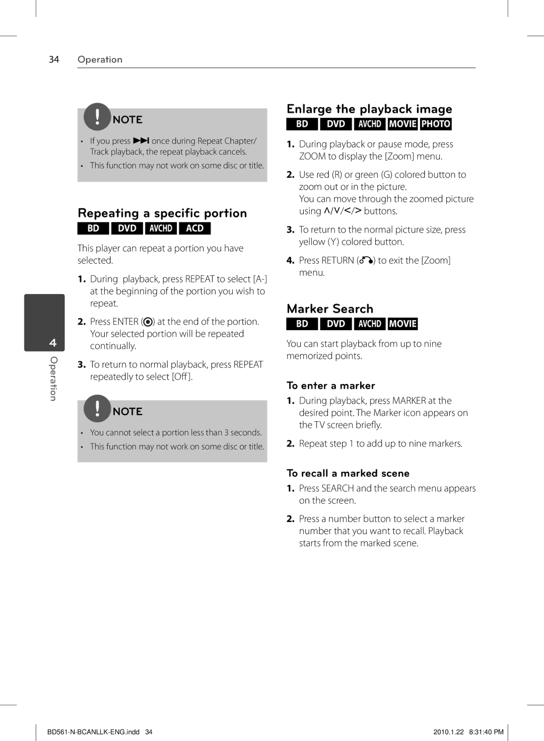 LG Electronics BD560C Repeating a speciﬁc portion, Enlarge the playback image, Marker Search, To enter a marker 