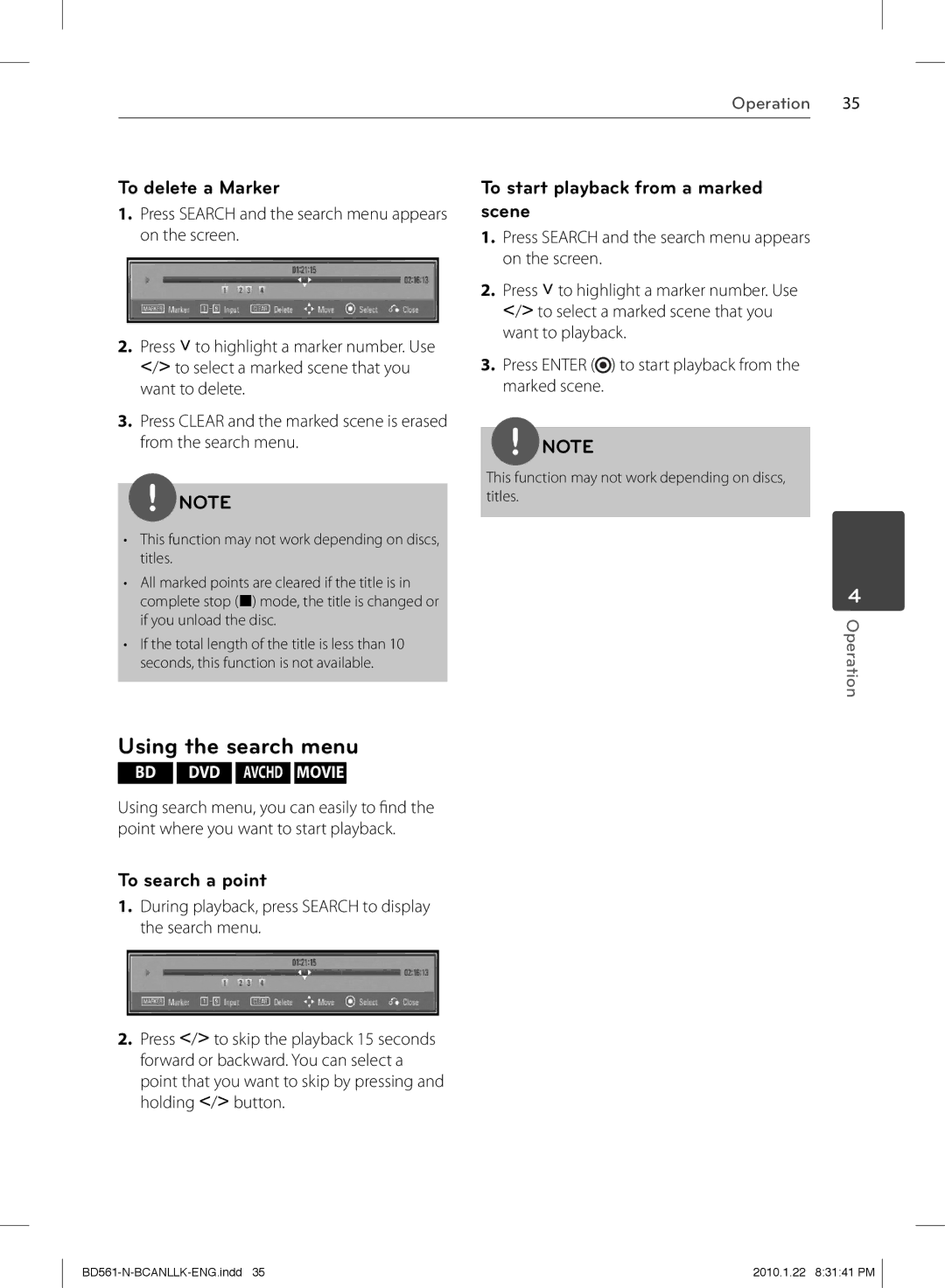 LG Electronics BD560C Using the search menu, To delete a Marker, To start playback from a marked scene, To search a point 