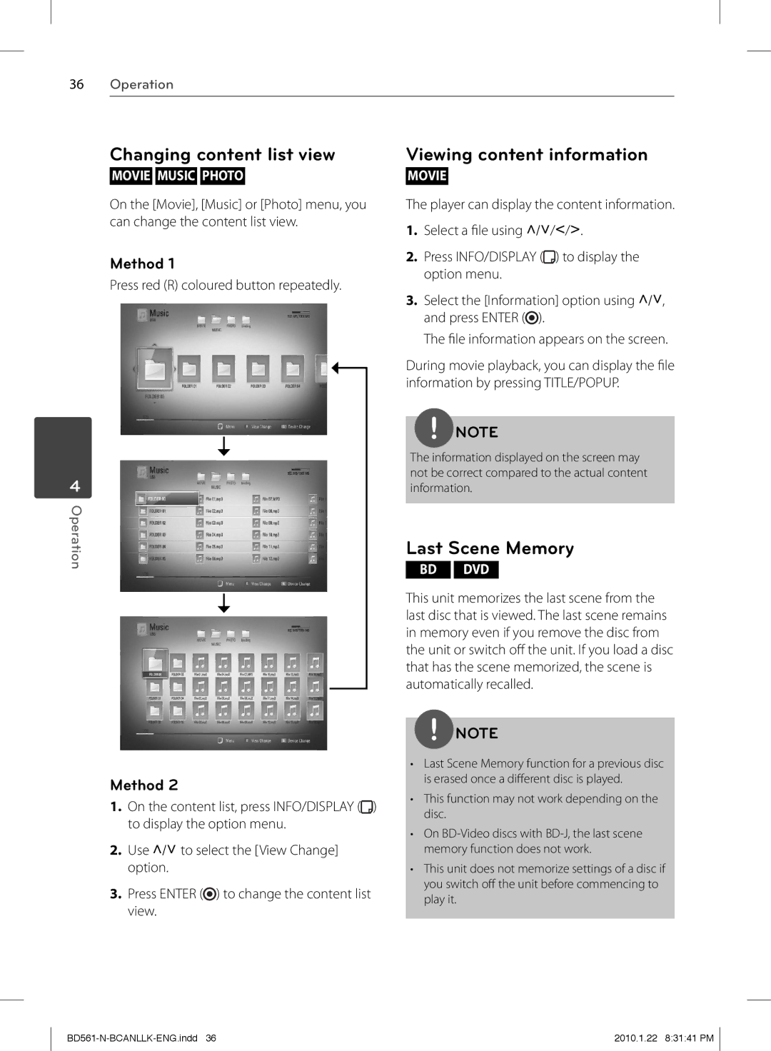 LG Electronics BD560C owner manual Changing content list view, Viewing content information, Last Scene Memory, Method 