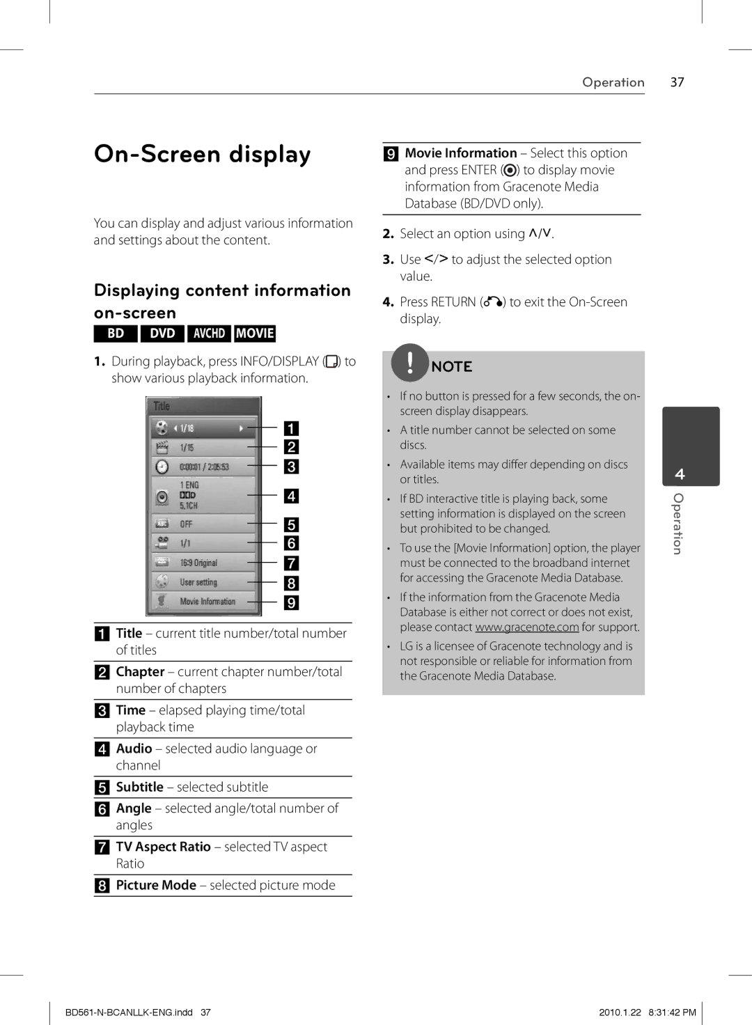 LG Electronics BD560C On-Screen display, Displaying content information on-screen, Picture Mode selected picture mode 