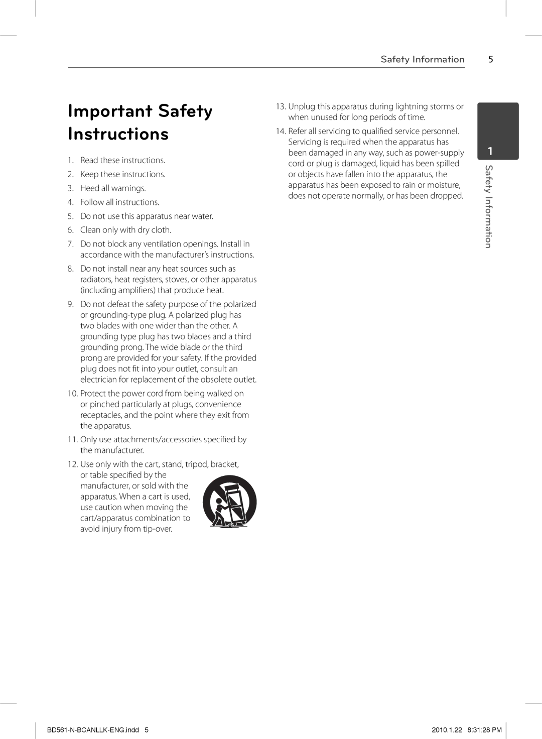 LG Electronics BD560C owner manual Important Safety Instructions 