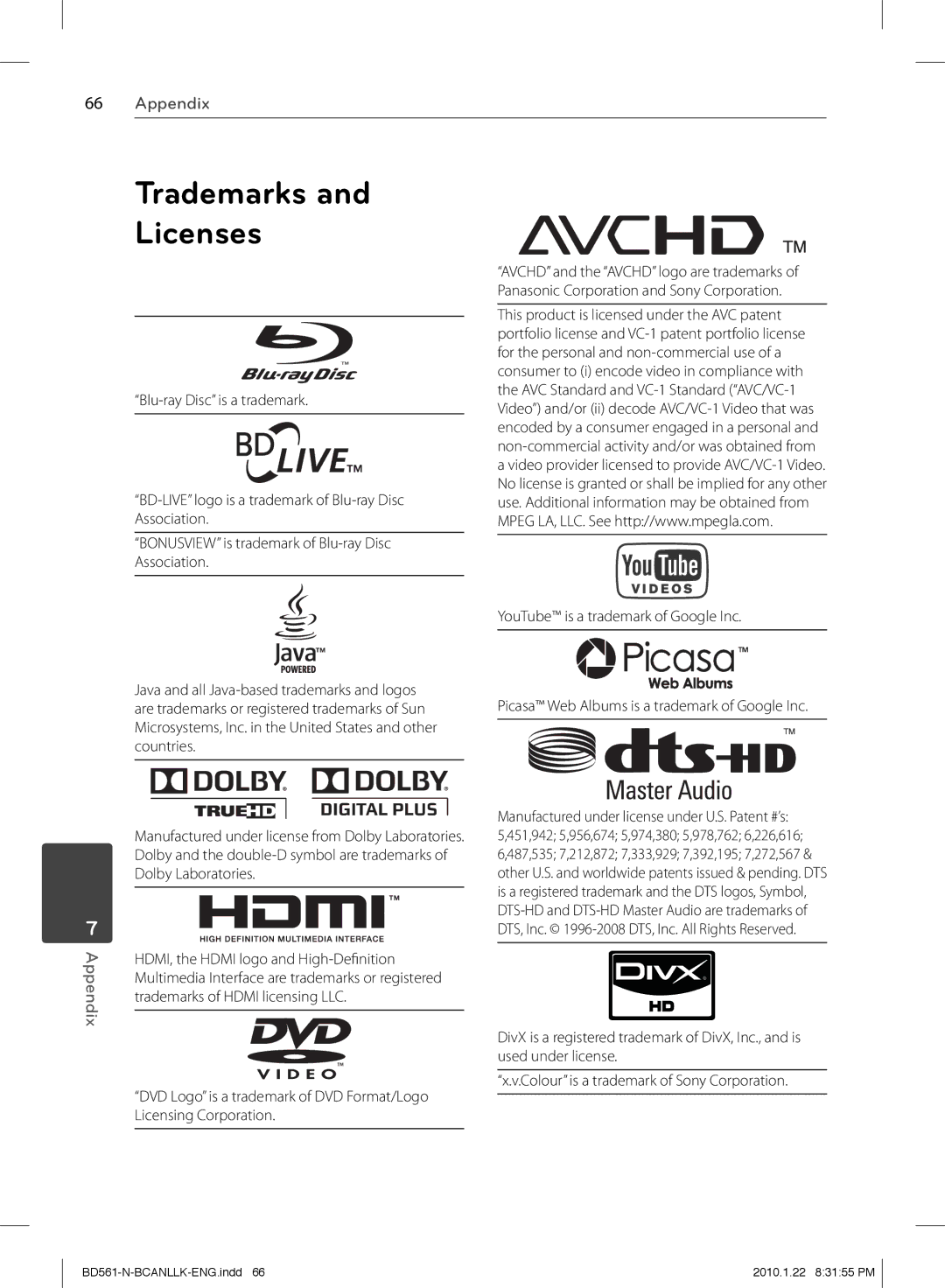 LG Electronics BD560C owner manual Trademarks Licenses 