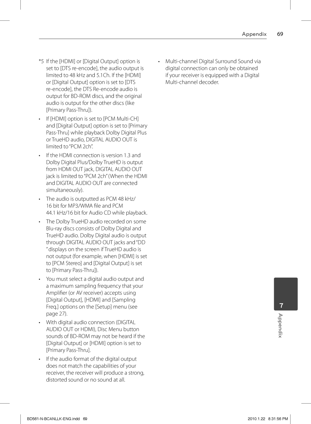 LG Electronics BD560C owner manual If the Hdmi or Digital Output option is, 44.1 kHz/16 bit for Audio CD while playback 