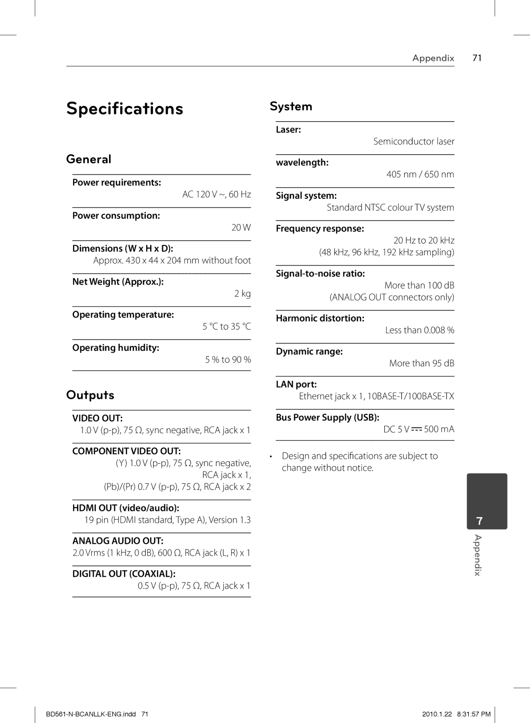 LG Electronics BD560C owner manual General, Outputs, System 