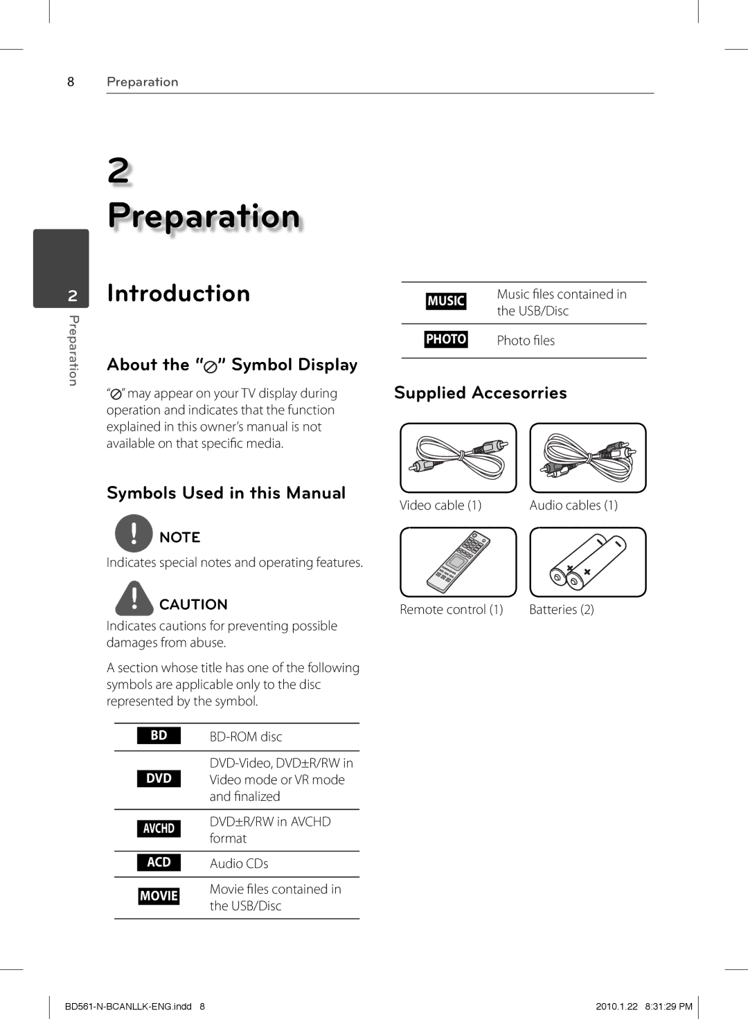 LG Electronics BD560C owner manual Introduction, Symbols Used in this Manual, Supplied Accesorries 