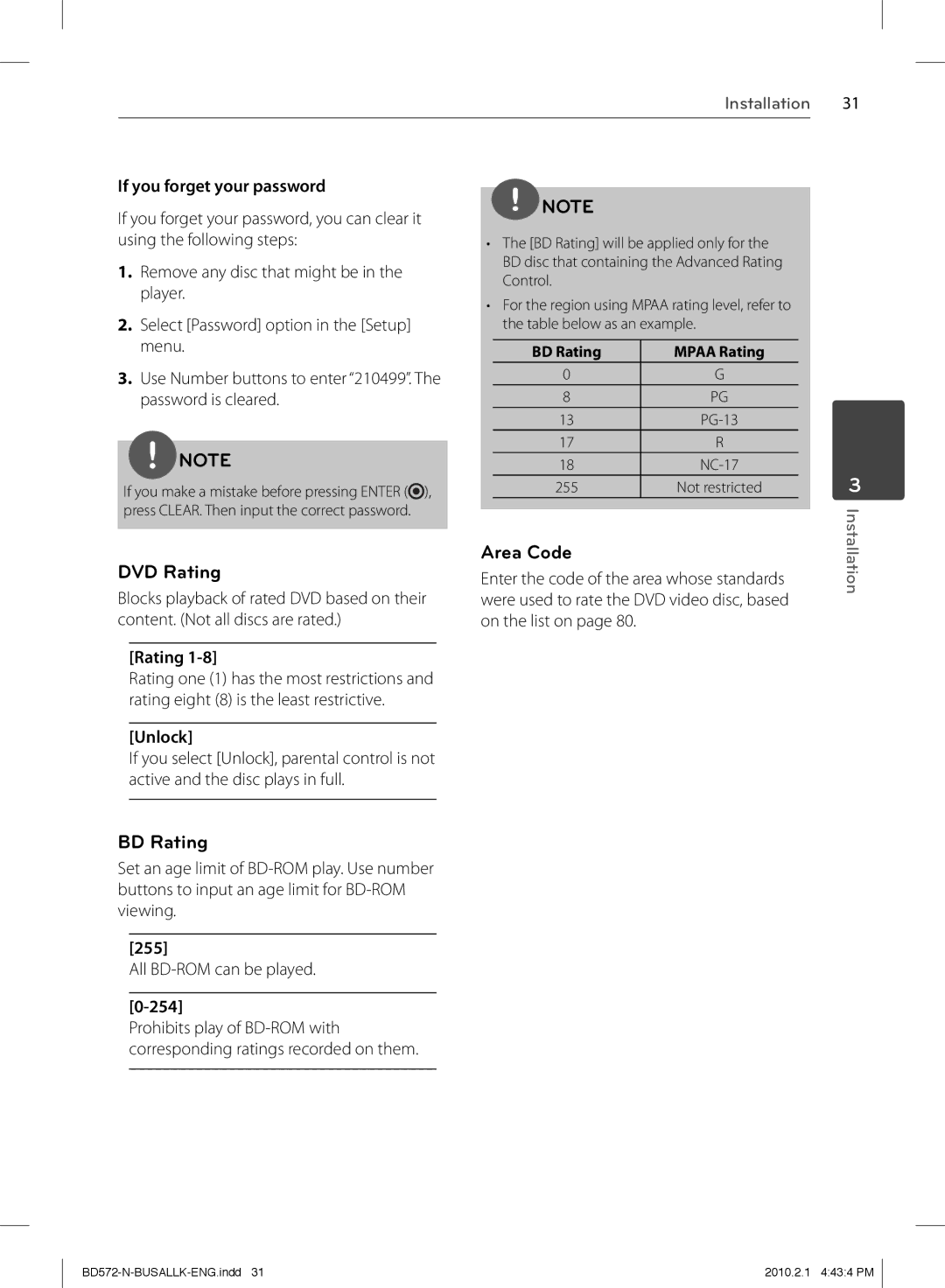 LG Electronics BD570 owner manual DVD Rating, BD Rating, Area Code 