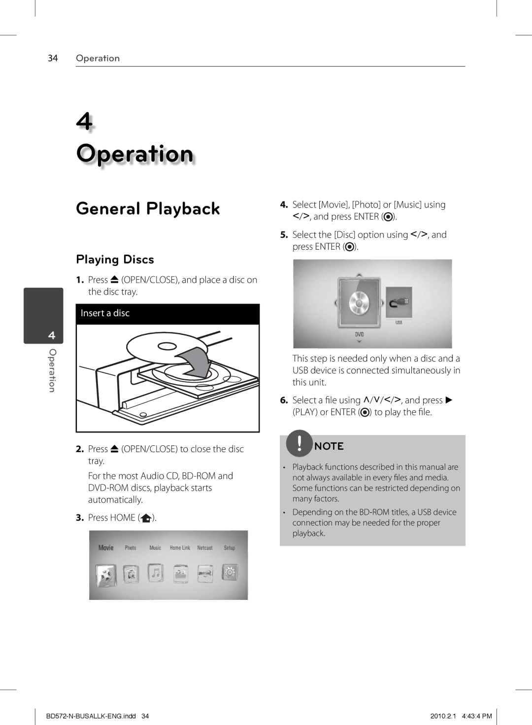 LG Electronics BD570 owner manual General Playback, Playing Discs, Press Z OPEN/CLOSE, and place a disc on the disc tray 