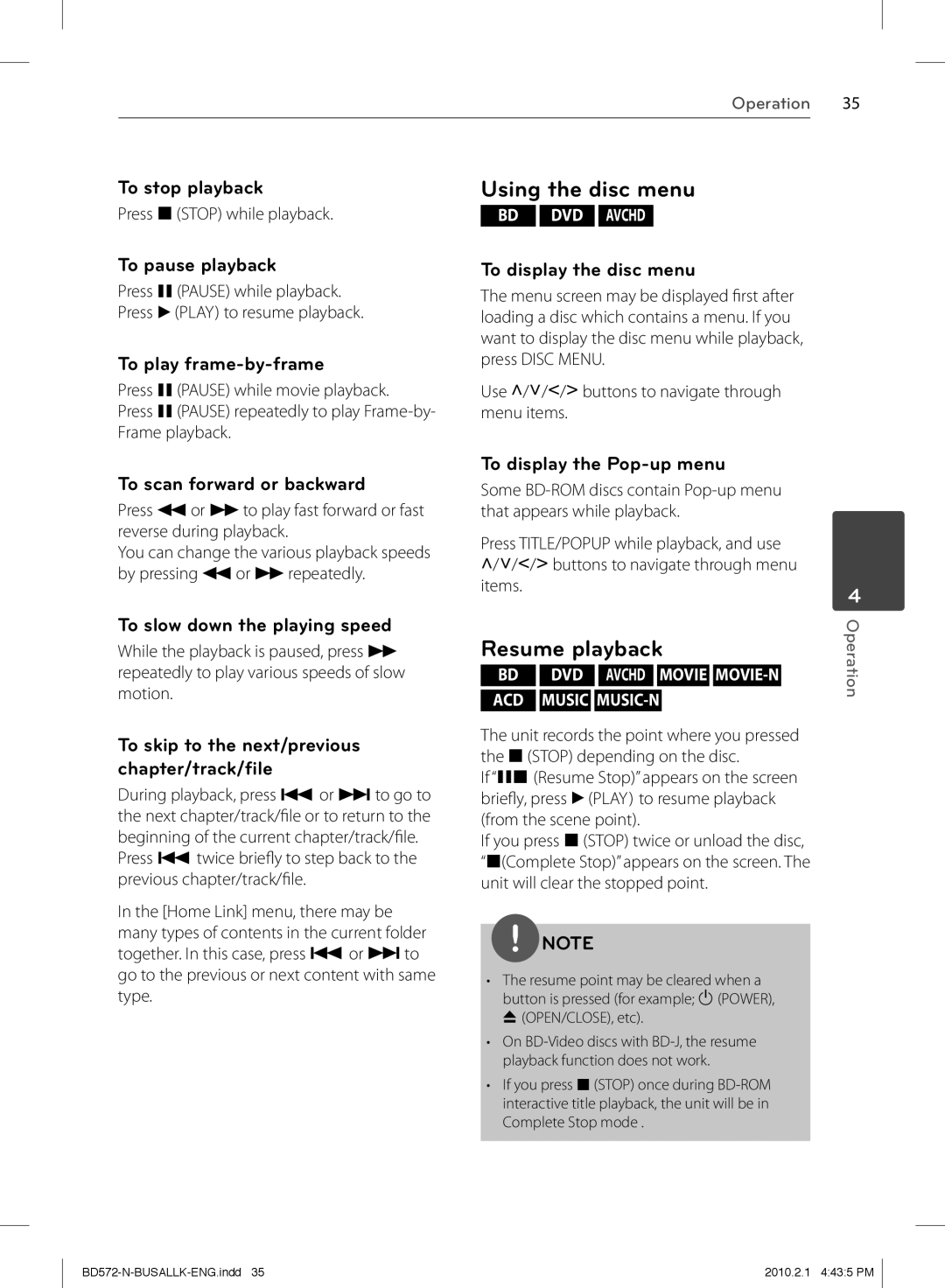 LG Electronics BD570 owner manual Using the disc menu, Resume playback 