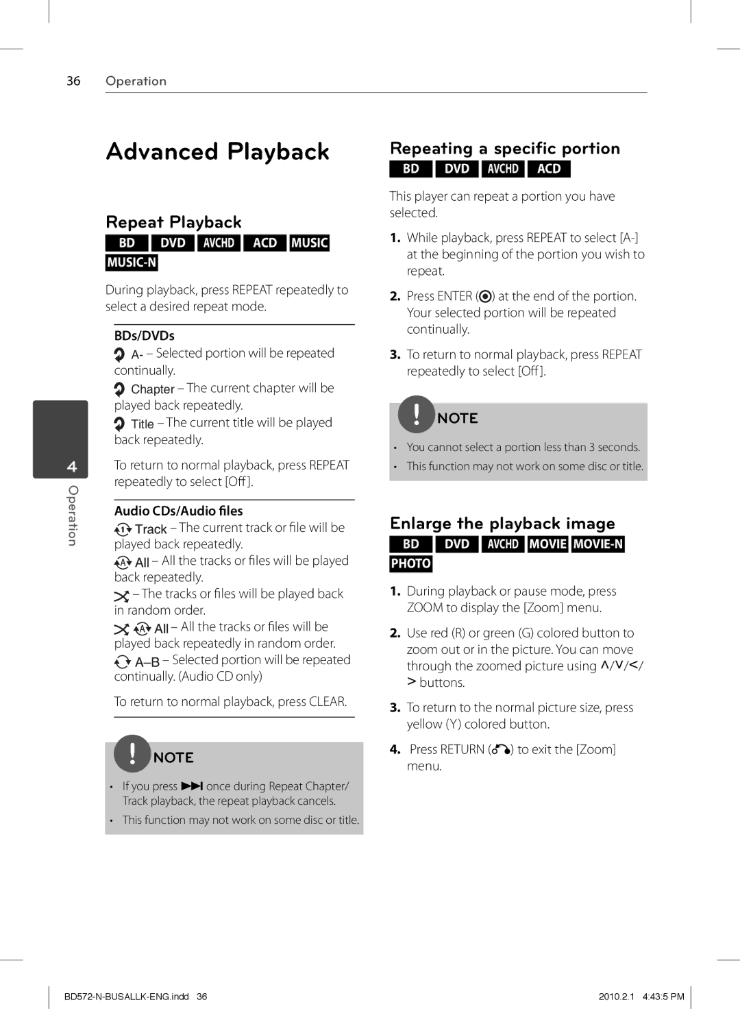 LG Electronics BD570 Advanced Playback, Repeat Playback, Repeating a speciﬁc portion, Enlarge the playback image 