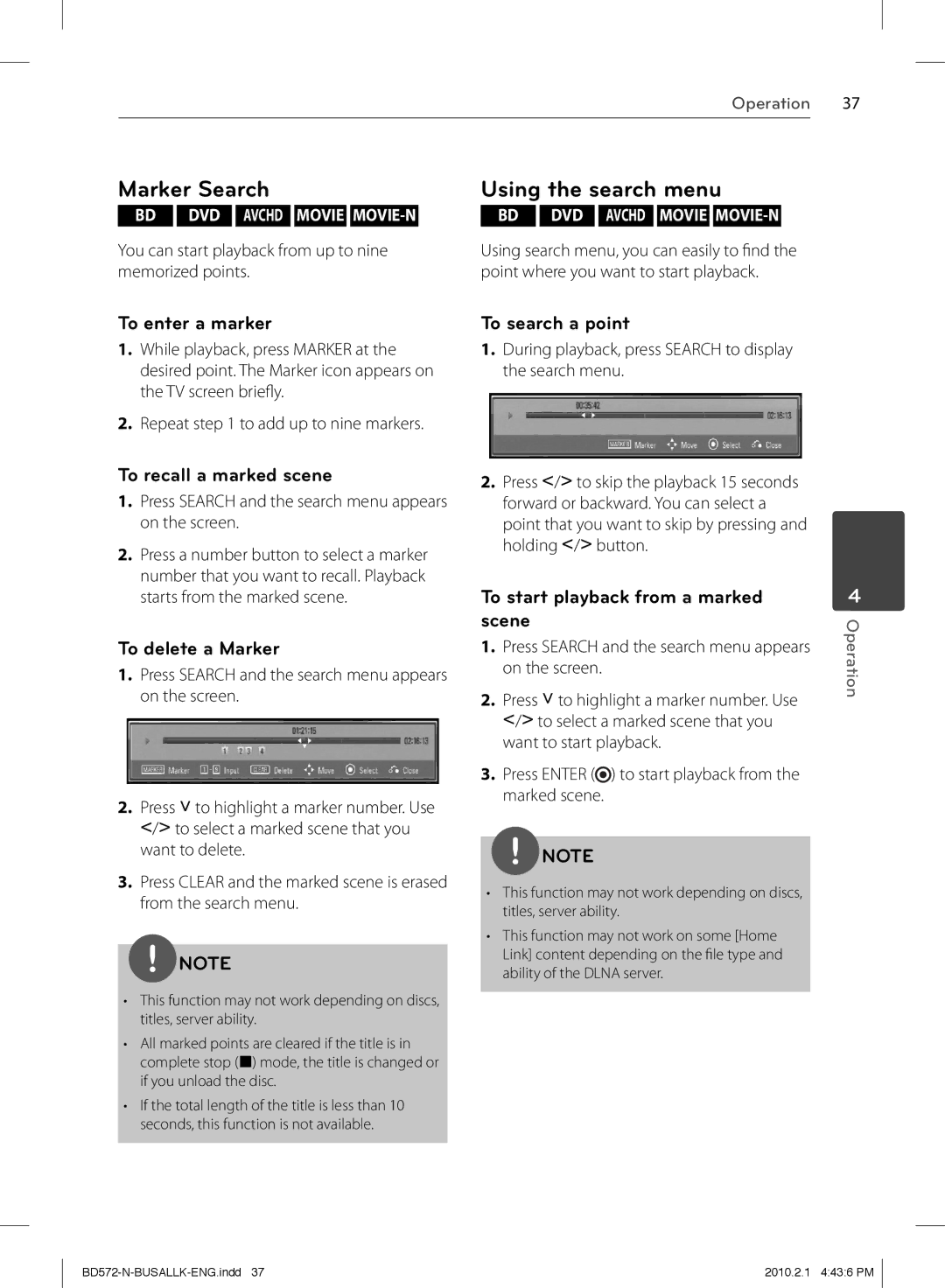 LG Electronics BD570 owner manual To enter a marker To search a point, To recall a marked scene, To delete a Marker 