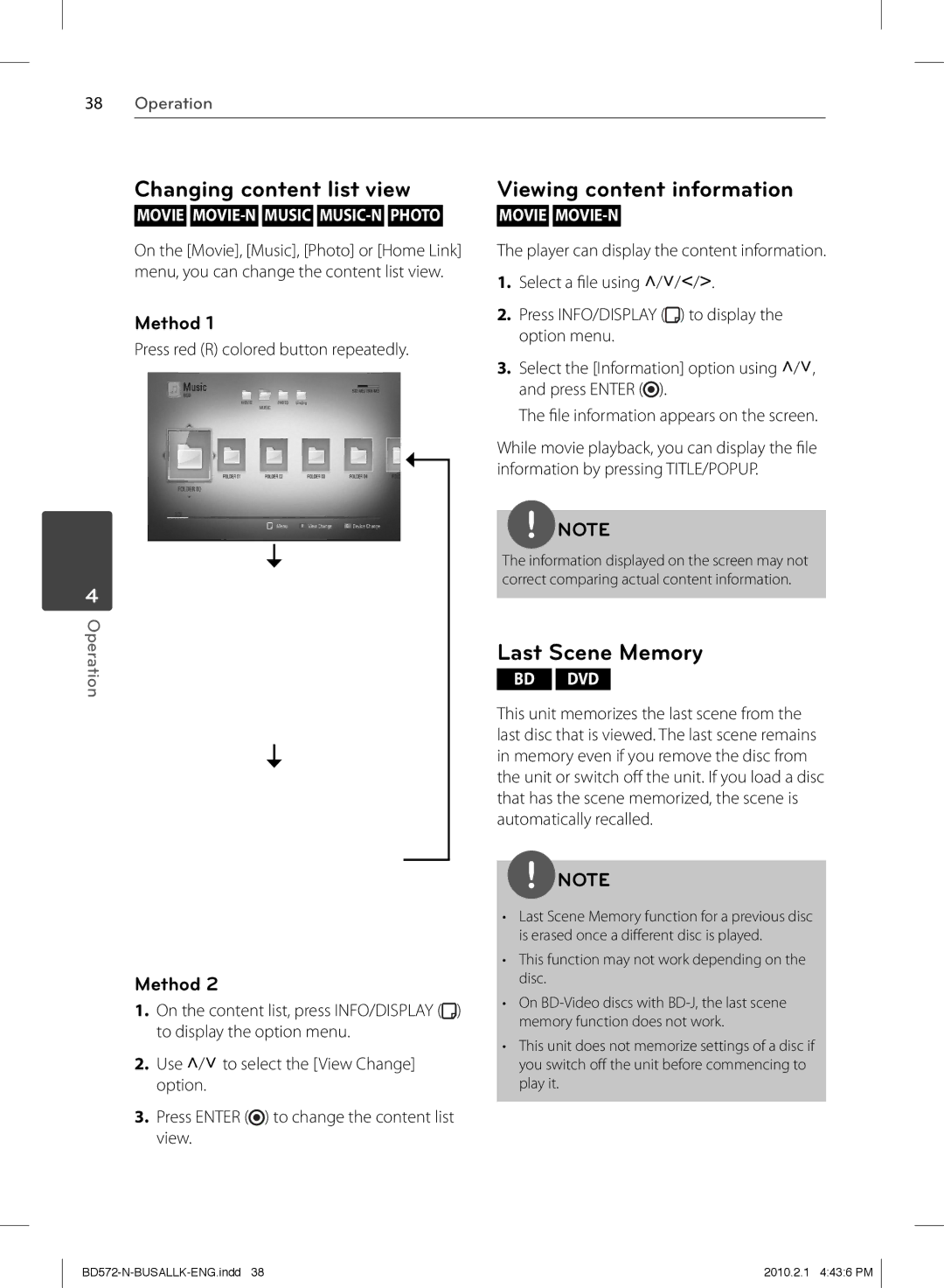 LG Electronics BD570 owner manual Changing content list view, Viewing content information, Last Scene Memory, Method 