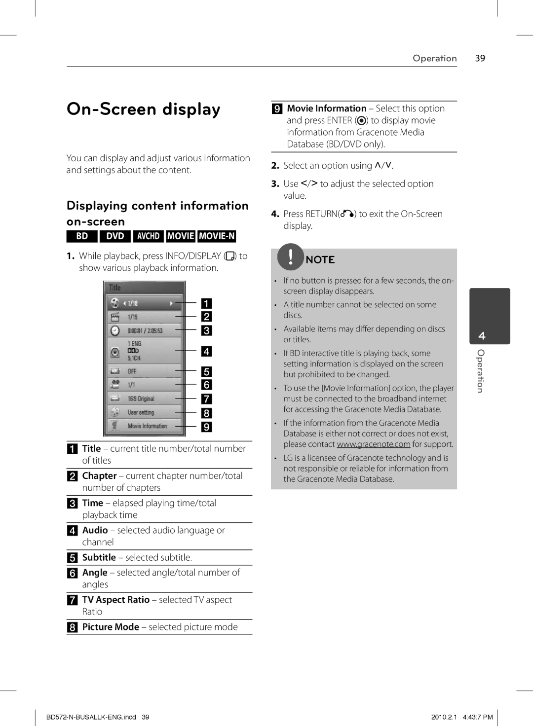 LG Electronics BD570 On-Screen display, Displaying content information on-screen, TV Aspect Ratio selected TV aspect Ratio 