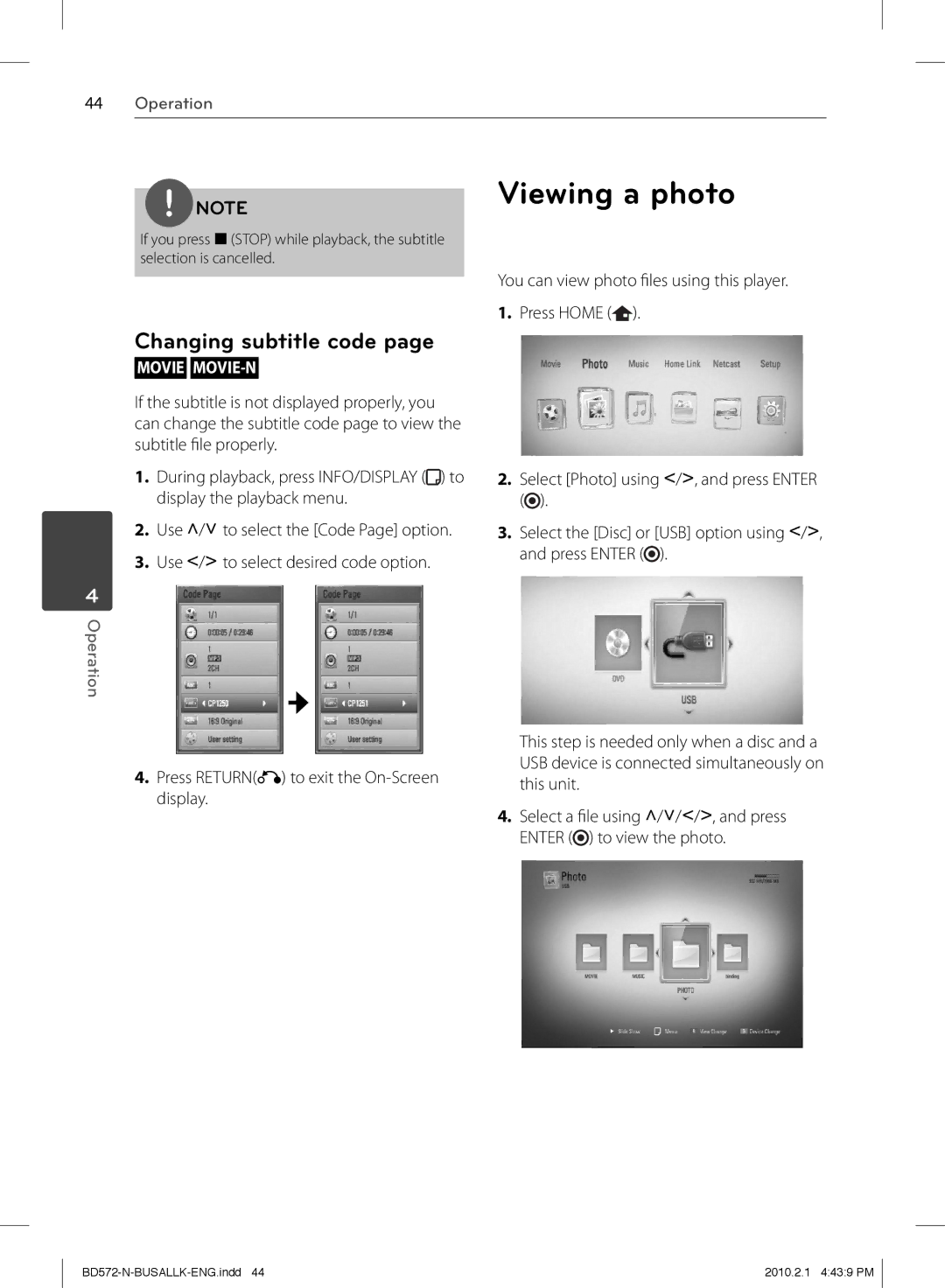 LG Electronics BD570 owner manual Viewing a photo, Changing subtitle code 