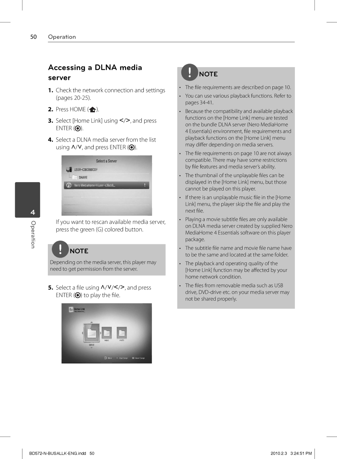 LG Electronics BD570 owner manual Accessing a Dlna media server, Press the green G colored button 