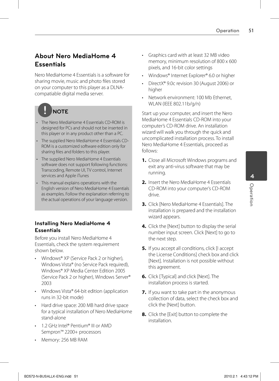 LG Electronics BD570 owner manual About Nero MediaHome 4 Essentials, Installing Nero MediaHome 4 Essentials 