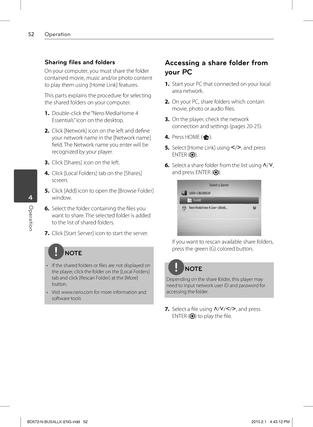 LG Electronics BD570 owner manual Accessing a share folder from your PC, Sharing ﬁles and folders 