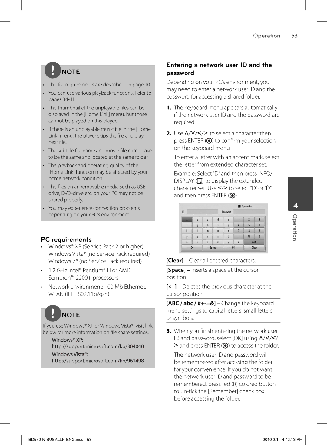 LG Electronics BD570 PC requirements, Entering a network user ID and the password, Example Select D and then press Info 