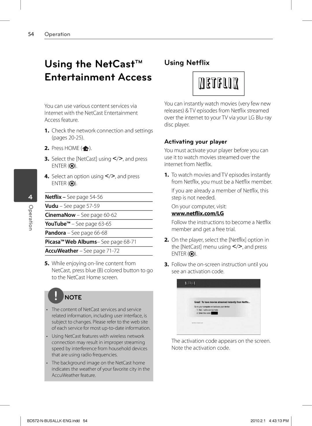 LG Electronics BD570 owner manual Using Netﬂix, Activating your player, Picasa Web Albums- See 