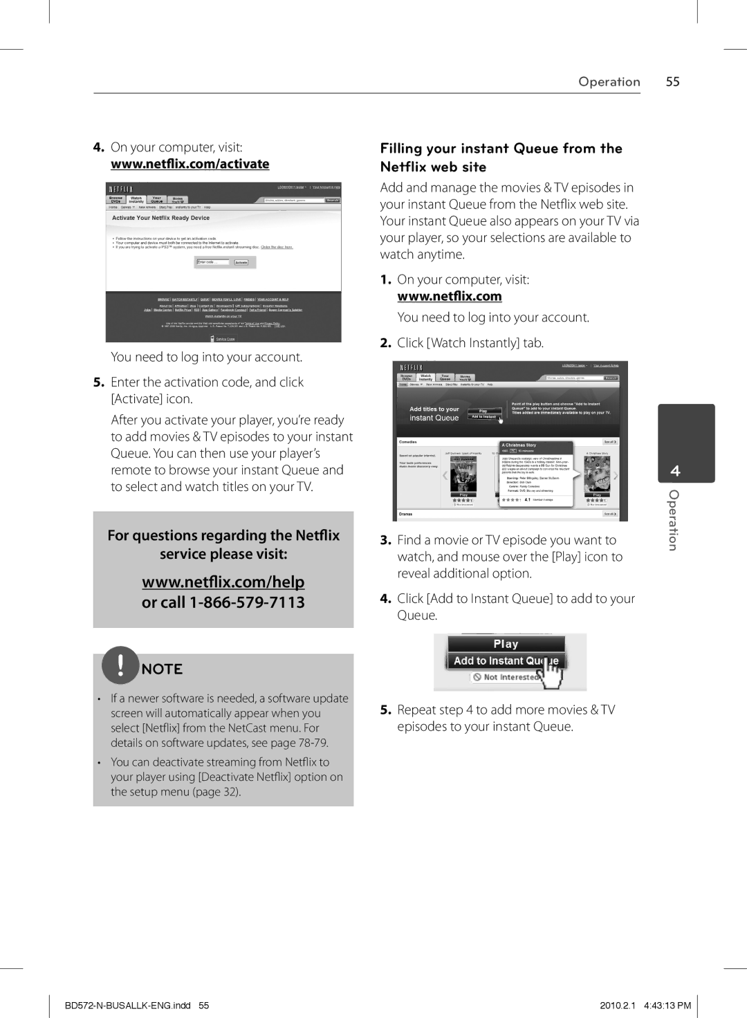 LG Electronics BD570 owner manual Filling your instant Queue from, Netﬂix web site, On your computer, visit 