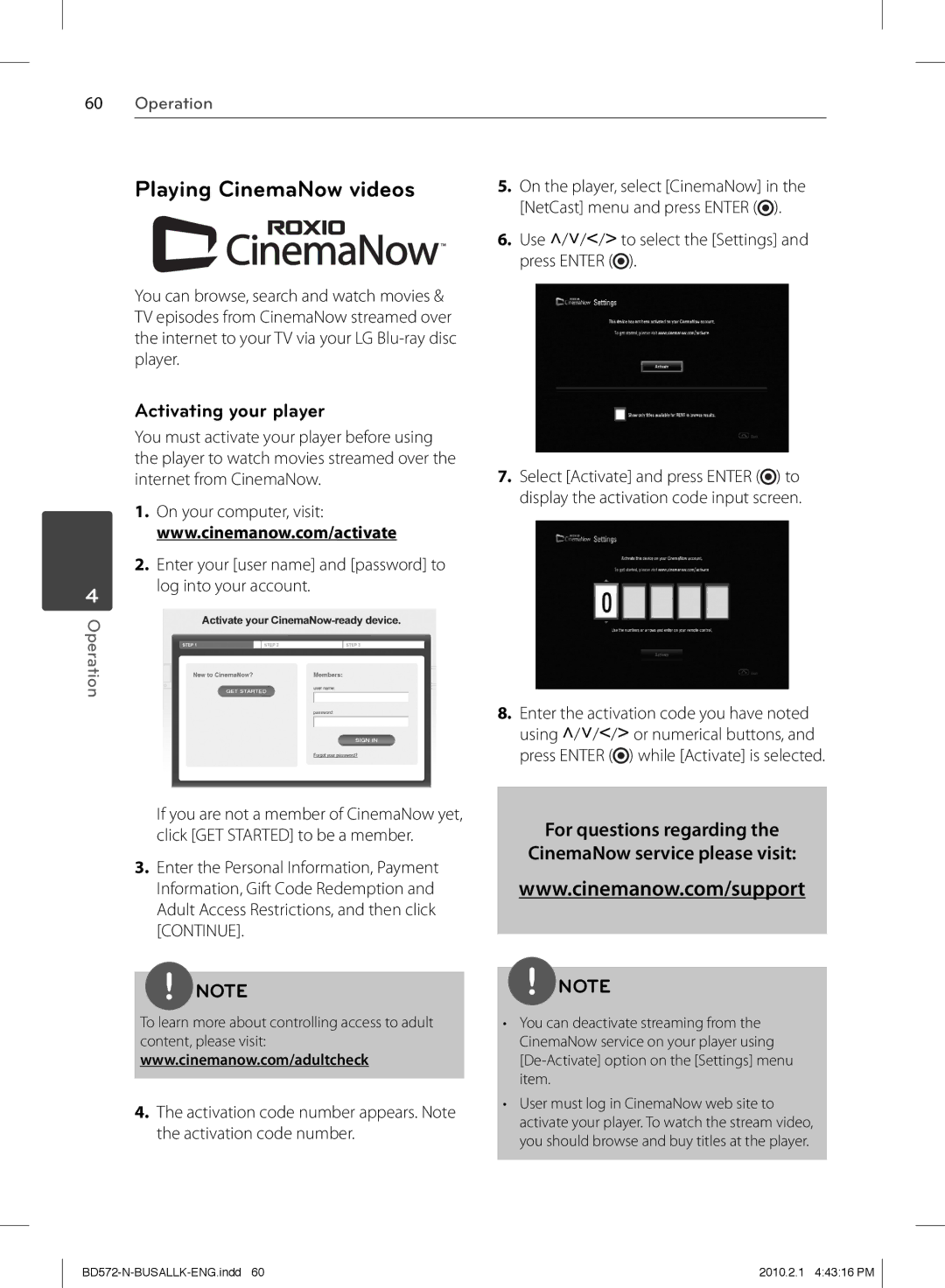 LG Electronics BD570 owner manual Playing CinemaNow videos, For questions regarding CinemaNow service please visit 