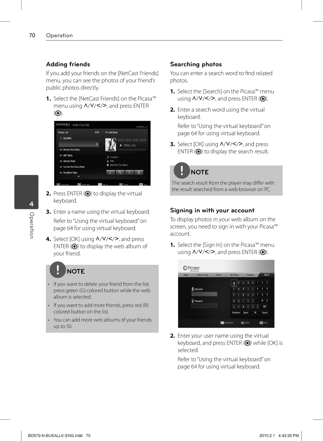 LG Electronics BD570 owner manual Adding friends, Searching photos, Signing in with your account 