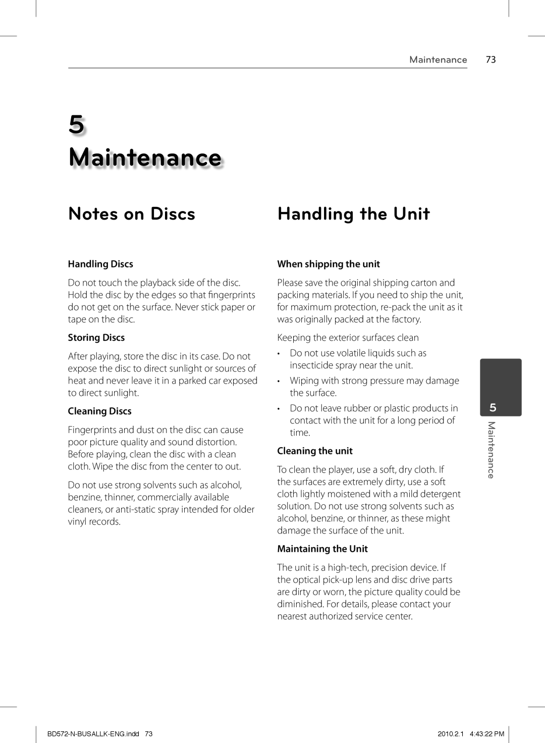 LG Electronics BD570 owner manual Handling Discs, Storing Discs, Cleaning Discs, When shipping the unit, Cleaning the unit 