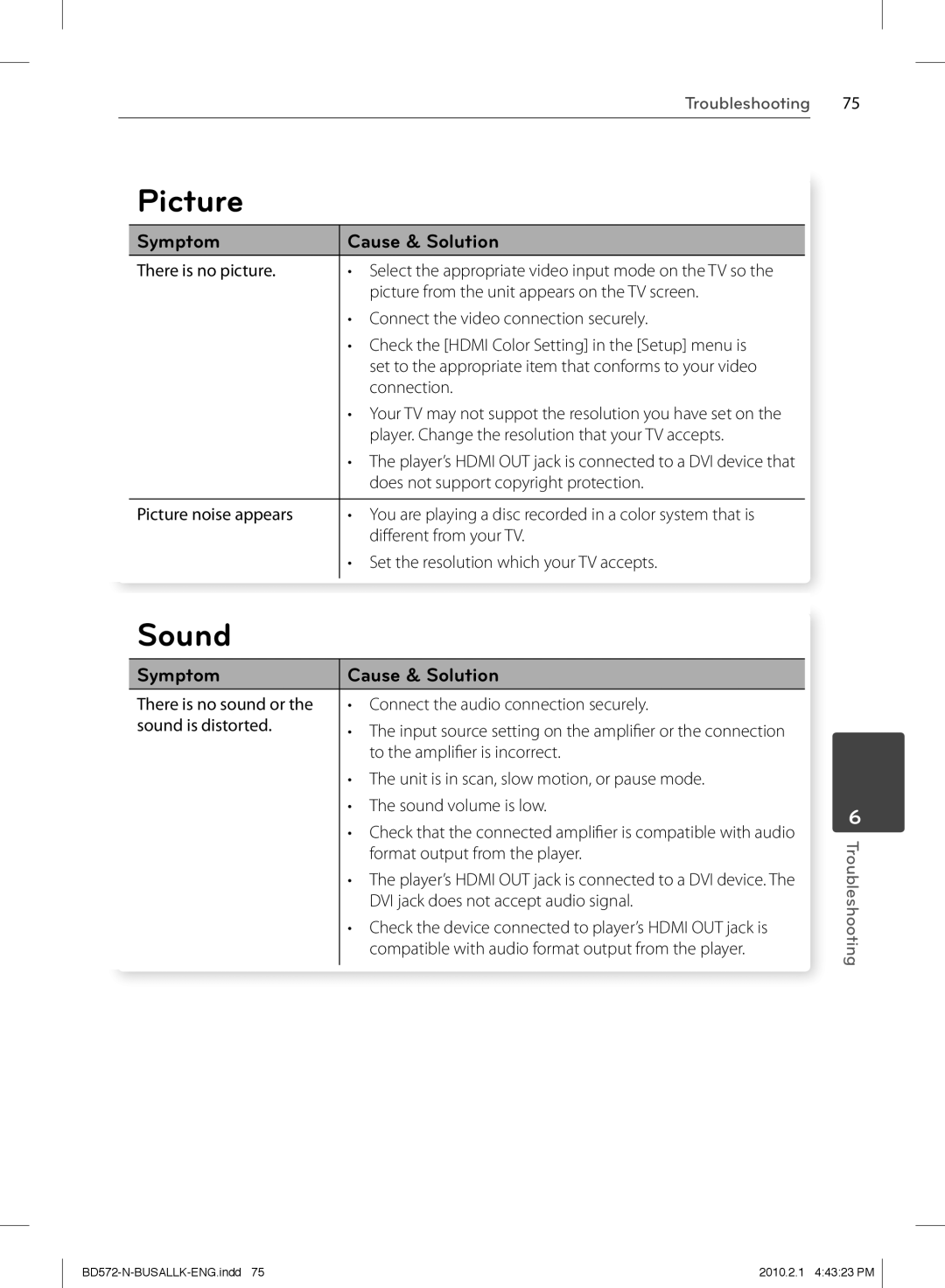 LG Electronics BD570 owner manual Picture, Sound 