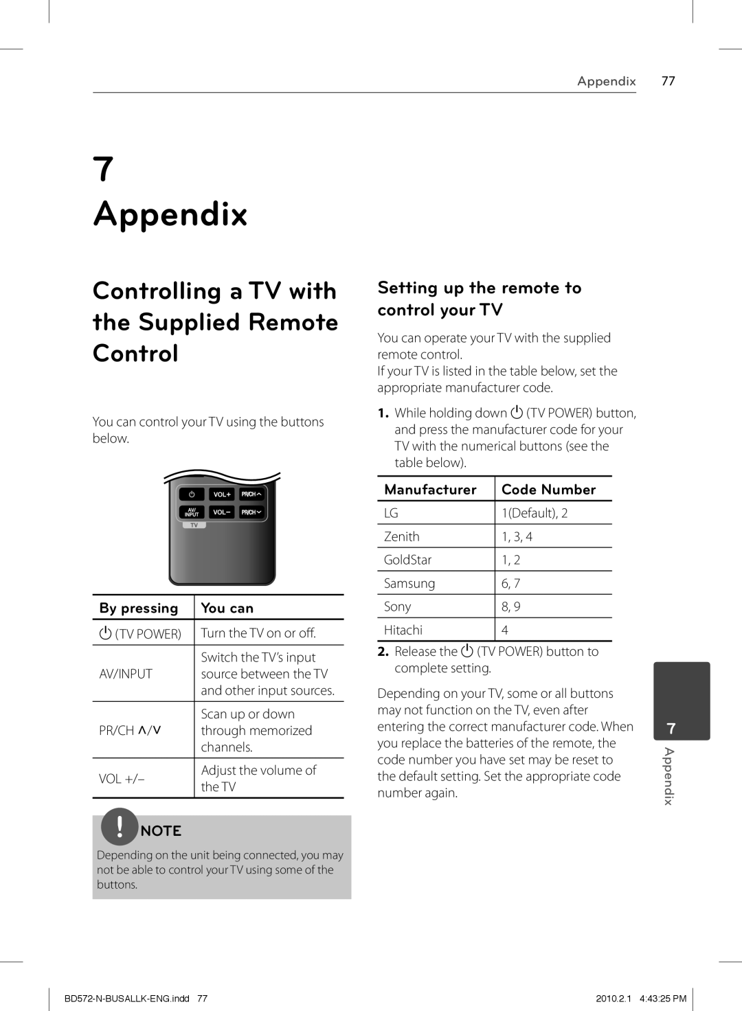 LG Electronics BD570 Controlling a TV with the Supplied Remote Control, Setting up the remote to control your TV 