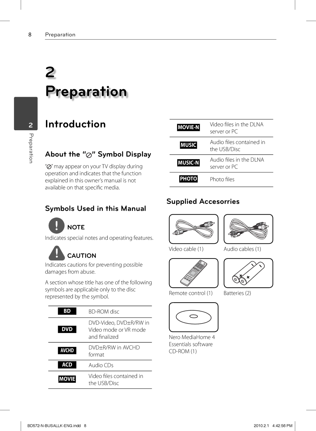 LG Electronics BD570 owner manual Introduction, Supplied Accesorries Symbols Used in this Manual 