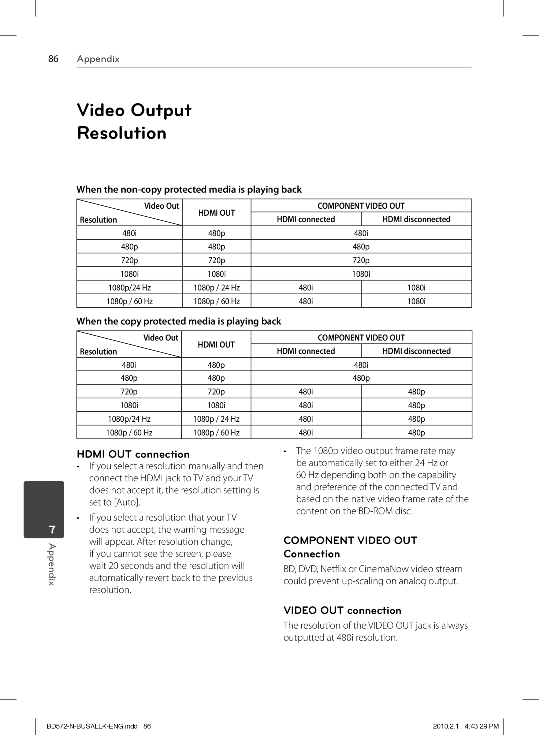 LG Electronics BD570 owner manual Video Output Resolution, Hdmi OUT connection, Connection, Video OUT connection 