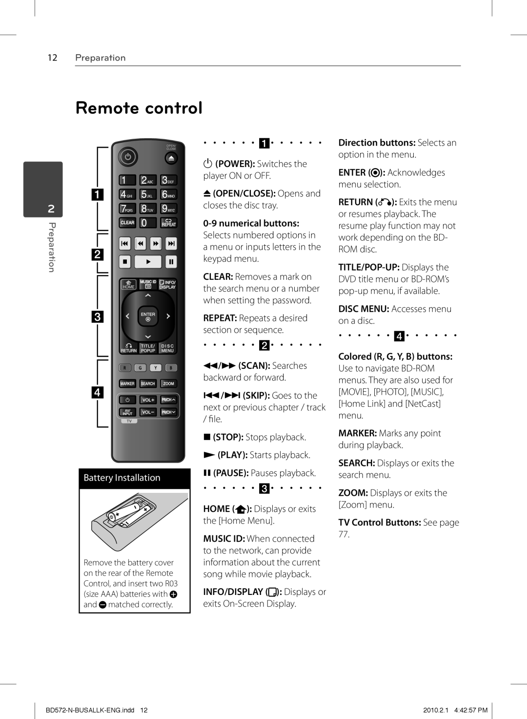 LG Electronics BD570 owner manual Remote control, Preparation, Battery Installation 