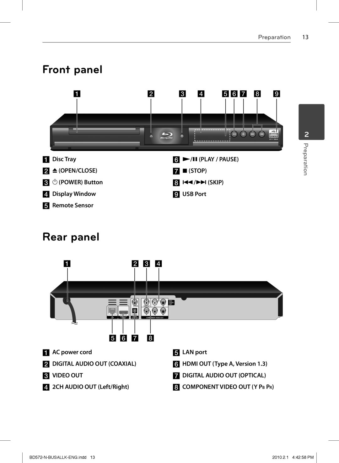 LG Electronics BD570 owner manual Front panel, Rear panel, Preparation 