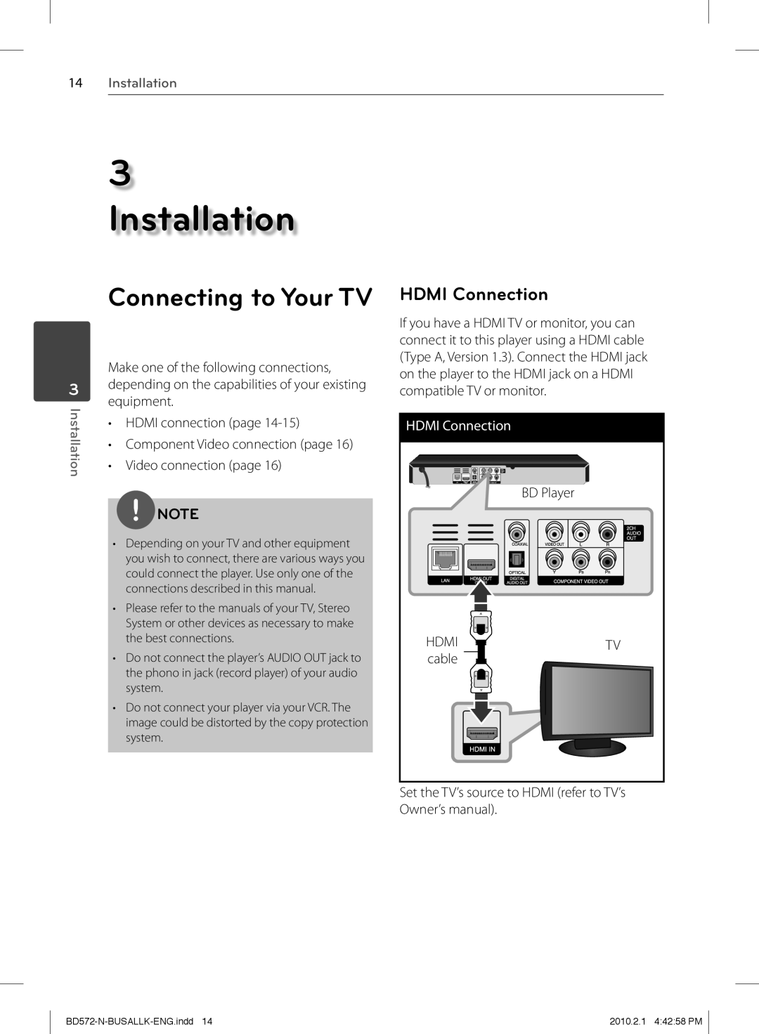 LG Electronics BD570 owner manual Installation, Connecting to Your TV, HDMI Connection 