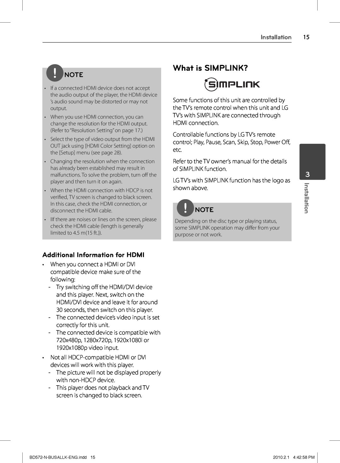 LG Electronics BD570 owner manual What is SIMPLINK?, Additional Information for HDMI, Installation 