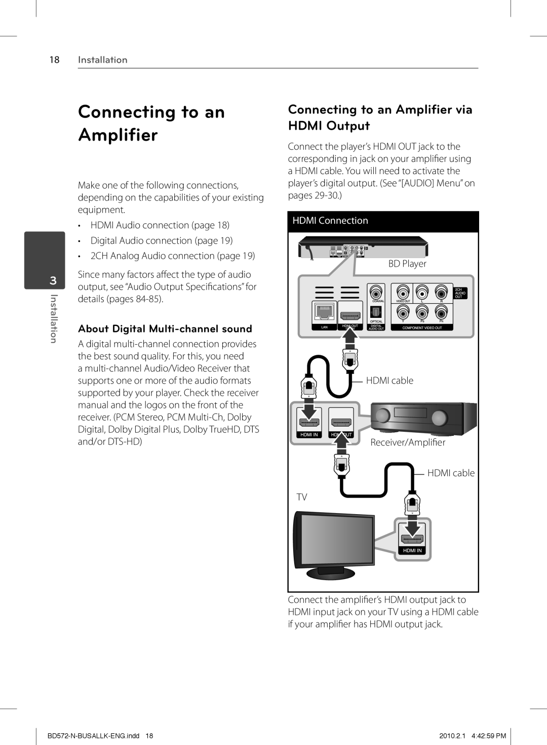 LG Electronics BD570 Connecting to an Ampliﬁer via HDMI Output, About Digital Multi-channel sound, Installation 