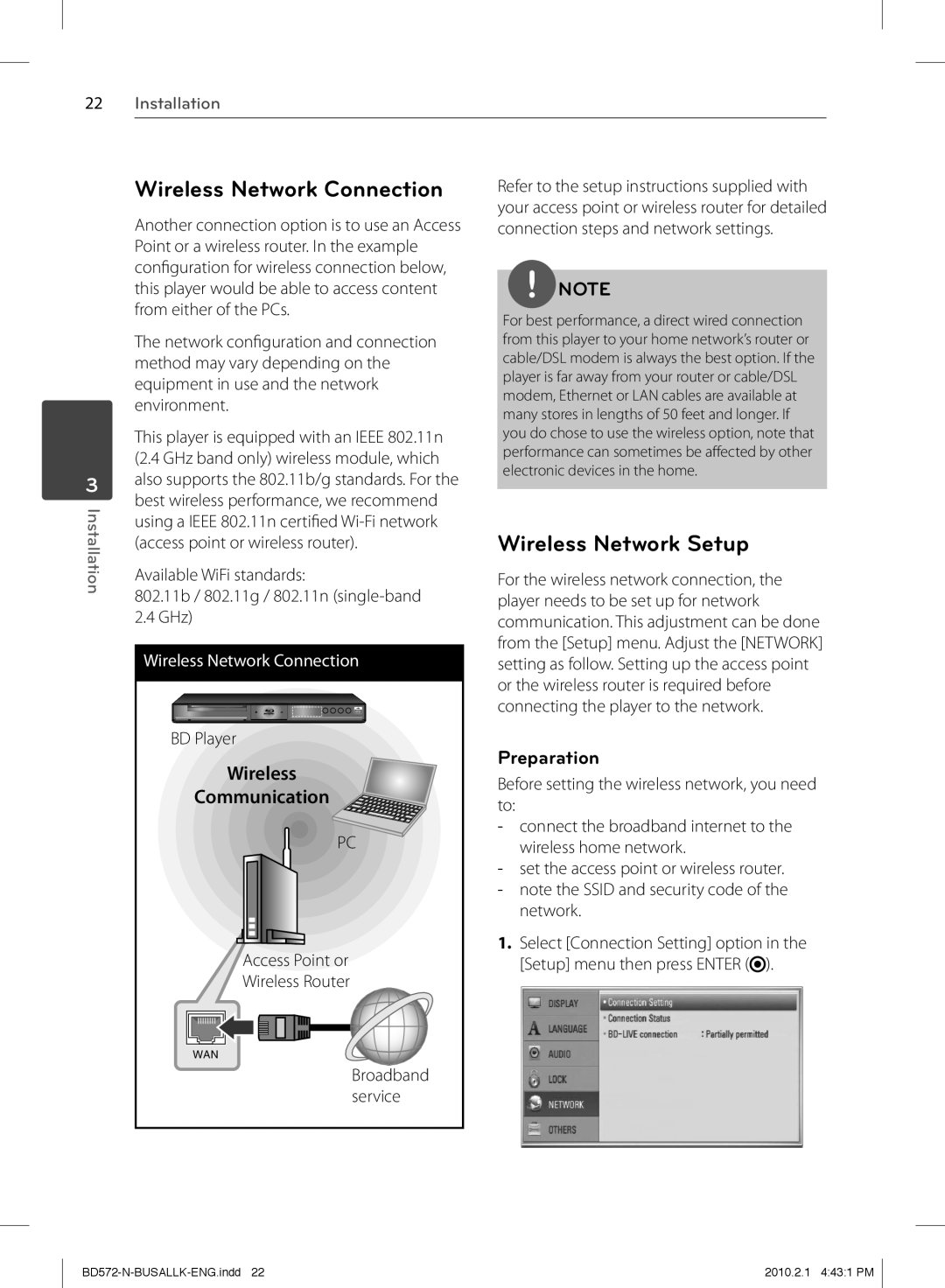 LG Electronics BD570 Wireless Network Connection, Wireless Network Setup, Communication, Installation, Preparation 